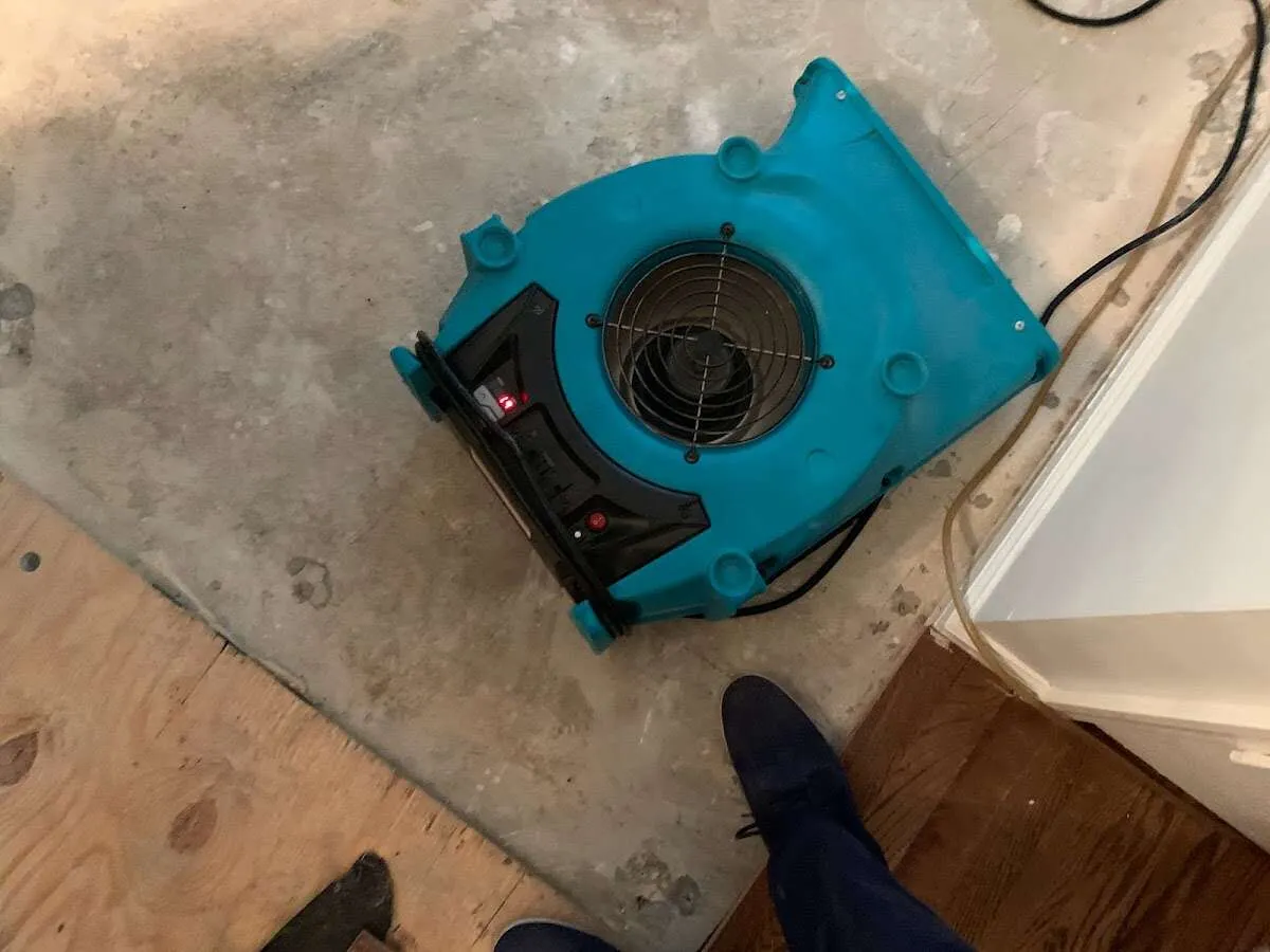 Air mover drying subfloor during Leak Detection & Repair in Yosemite Lakes